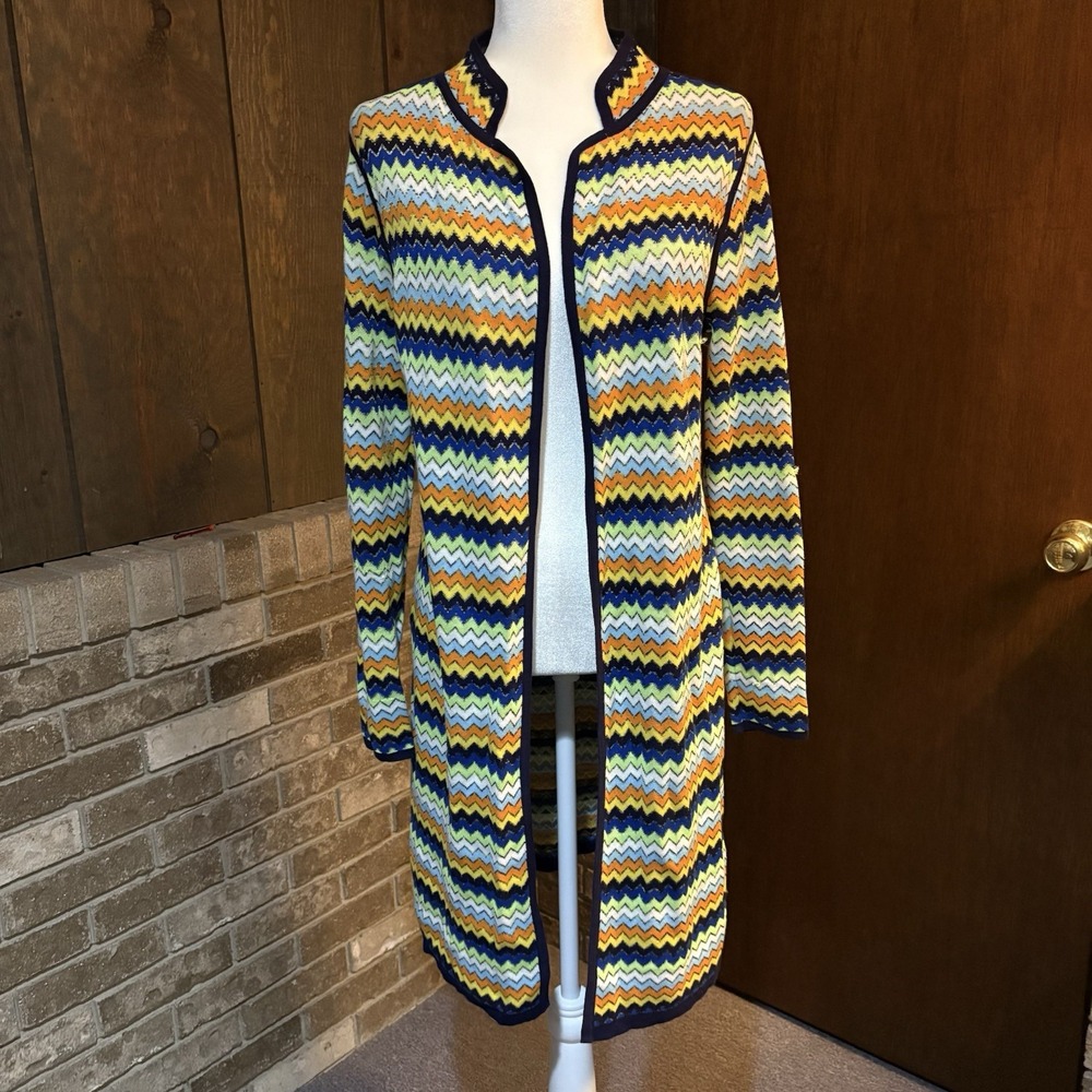 Magaschoni Open Front Long Duster Cardigan Sweater Colorful Zigzag Stripe S/M